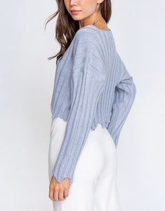 Long Sleeve Rib V Neck Distressed Cropped Sweater