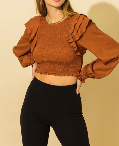 Long Sleeve Ruffle Shoulder Smock Crop Top