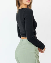 Load image into Gallery viewer, Long Sleeve V Neck Side Ruch Button Down Crop Top