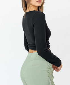 Long Sleeve V Neck Side Ruch Button Down Crop Top