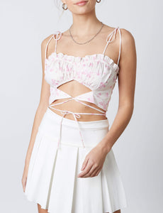 Floral Tie Ruffle Cut Out Crop Top