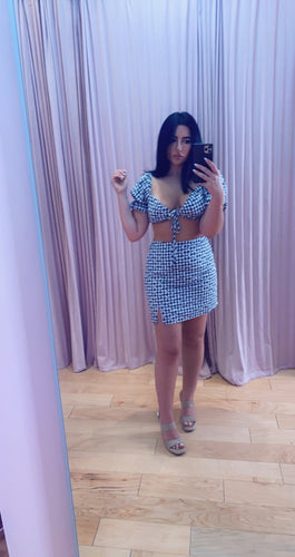 Gingham Eyelet Short Sleeve Peasant Tie Crop Top