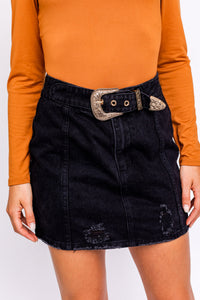 Distressed Denim Buckle Western Mini Skirt