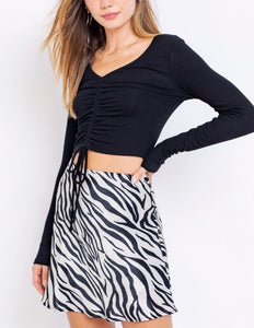 V Neck Ruch Center Long Sleeve Tie Knit Crop Top