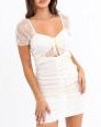 Short Sleeve Daisy Embroidered Mesh Ruch Cut Out Tie Mini Dress