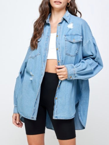 Distressed Denim Collared Button Down Oversized Jean Shirt
