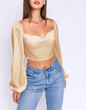 Load image into Gallery viewer, Satin Long Sleeve Cowl Neck Tie Back Crop Top