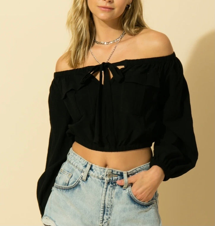 Off the Shoulder Key Hole Long Sleeve Crop Top