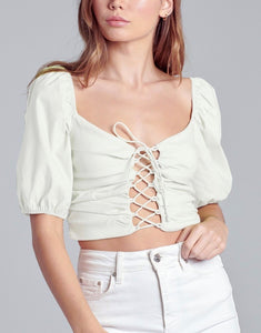 Lace Up Puff Short Sleeve Crop Top